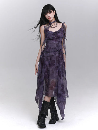 Women's Purple Tie-Dye V-Neck Midi Dress
