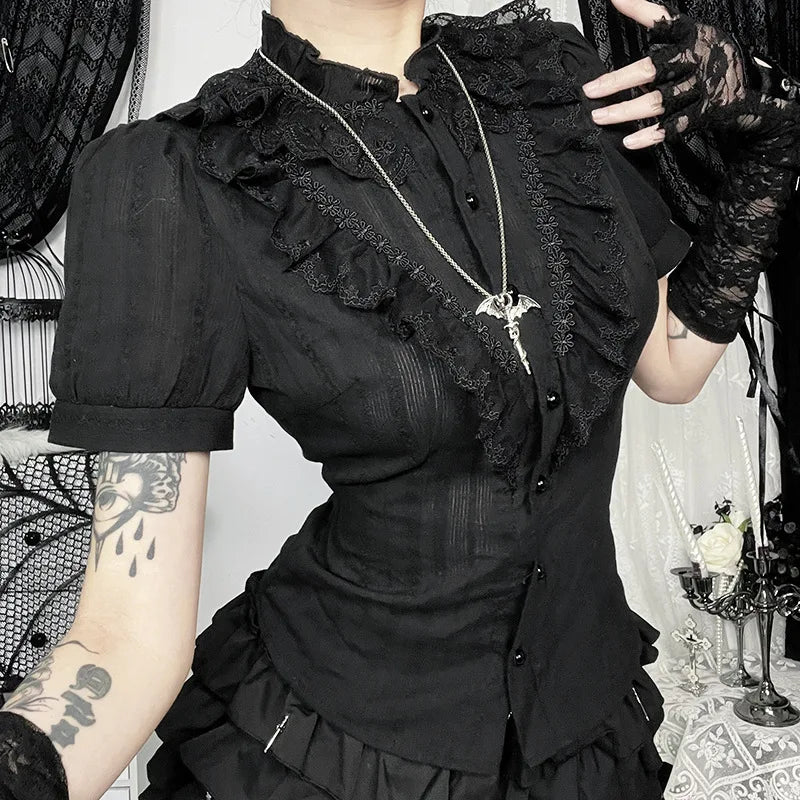 Sweet Lolita Cotton Shirts Women Vintage Gothic Black White Jacquard Short Sleeve Blouses Elegant Office Lady Y2k Tops