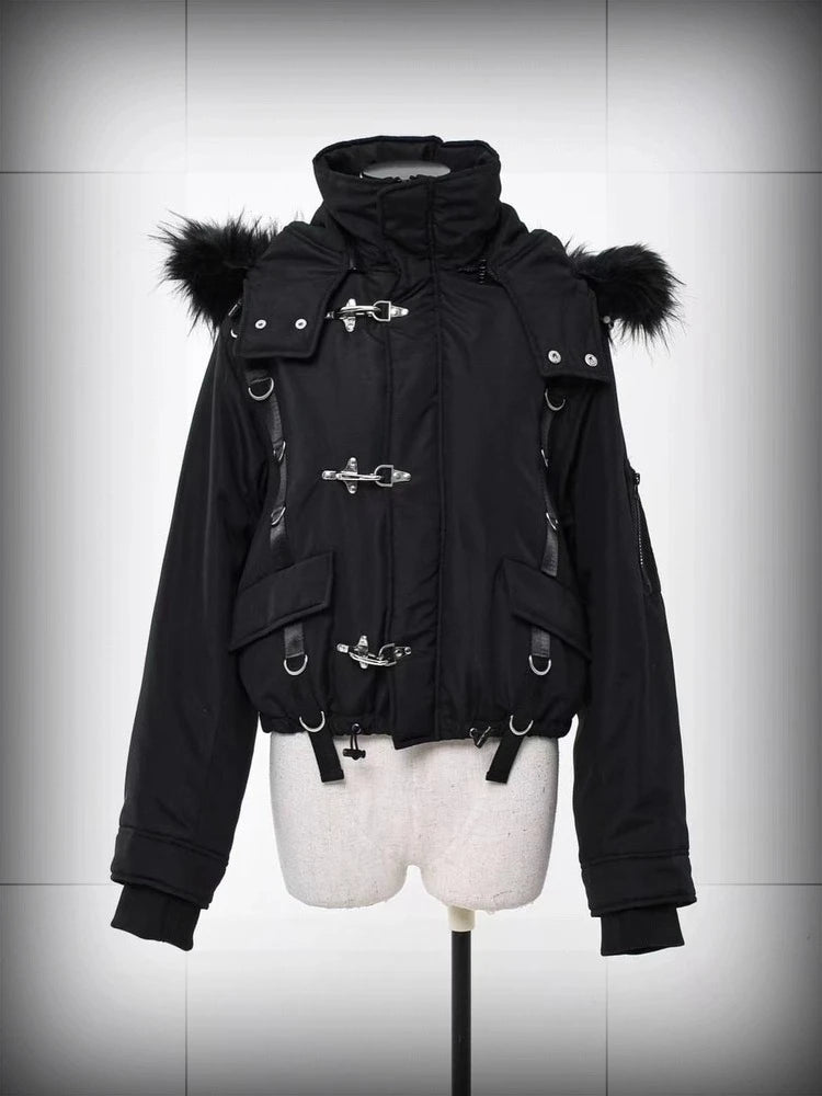 Subculture Gothic Dark Black Shorts Parkas Winter New 2025 Girls' Sweet Cool Fashion Punk Style Metal Button Hooded Coat Jacket