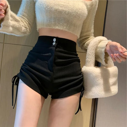 XS-5XL Shorts Women Black Wide-leg High Waist Shirring Lace-up All-match Streetwear Korean Fashion Summer Female Casual Y2k Chic