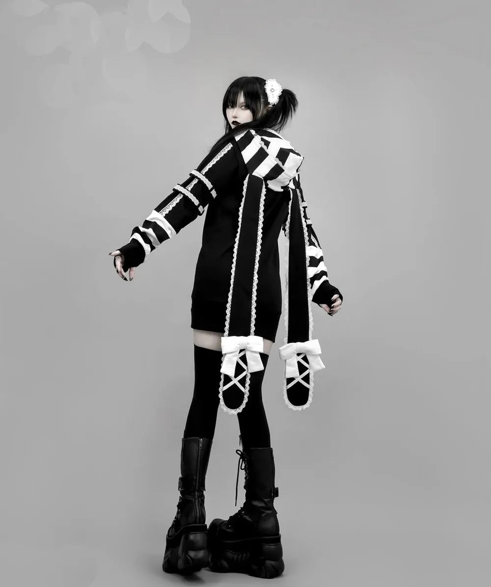 Japanese Harajuku Style Bow Sweet Cool Long-Ear Hooded Lace Trim Color-Block Zipper Long Cardigan Coat Gothic Hoodie Jacket
