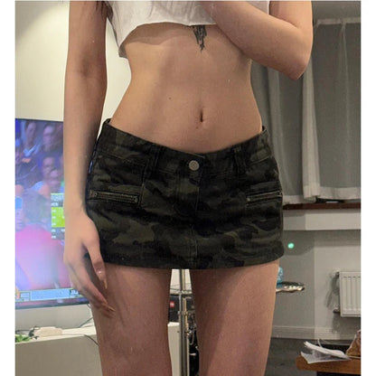 Low Waist A-Line  Skirt Women's Summer Sexy Camouflage Denim Skirt Punk Street Style Green Color Streetwalk Citywalk