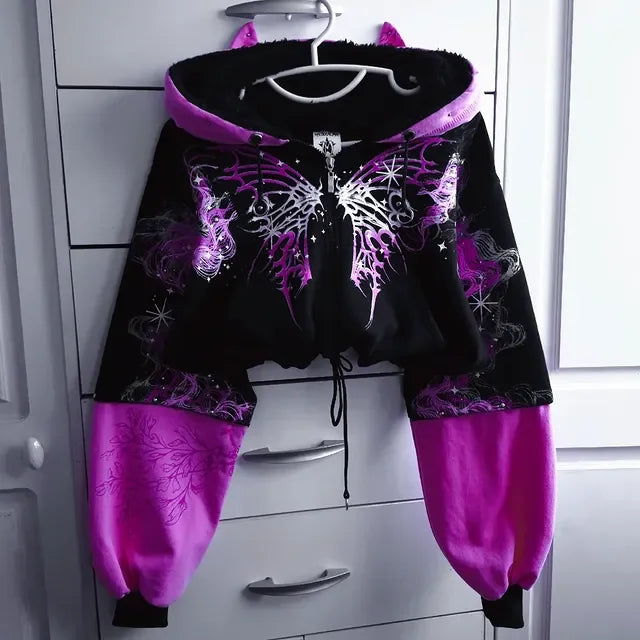 New Purple Cropped Hoodie Women Butterfly Graphic Print kawaii Cat Ear Zip - APEX RITUAL women's hoodies & sweatshirts