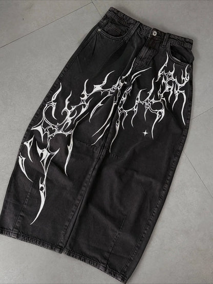 Y2K Hip-hop Jeans Vintage Straight Leg Denim Pants Streetwear Graffiti Print Casual Wide Leg Trousers Baggy Daily Wear Jeans