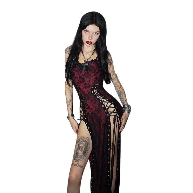 Women's Red Gothic Hollow-Out Strap Dress