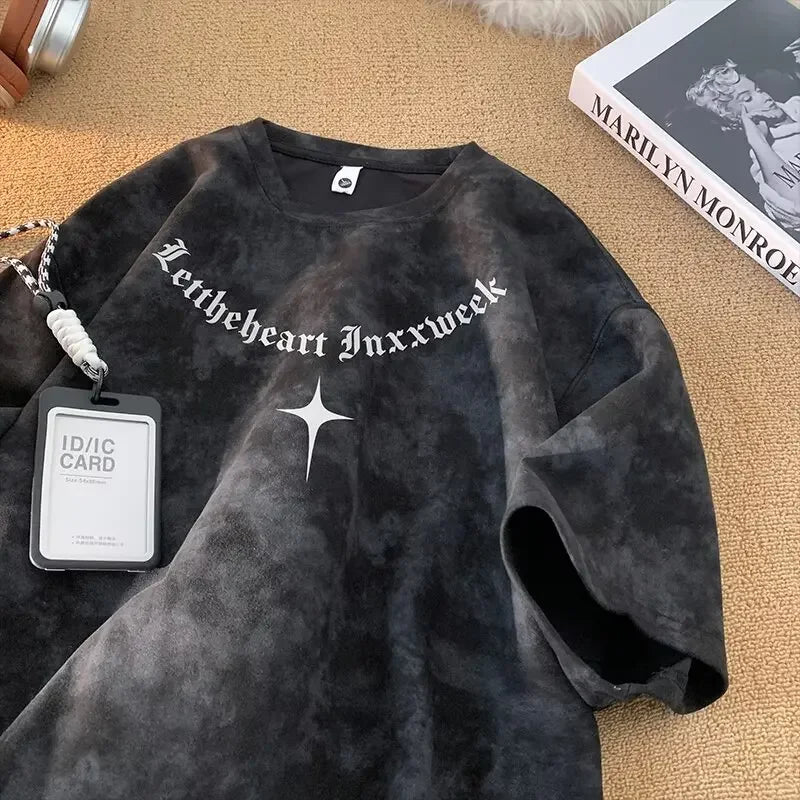 American Style Dyed Short Sleeve T-Shirt Men's Summer Ice Silk Retro Trendy Loose Sorona Body Fit Camouflage Crew Neck T-Shirt