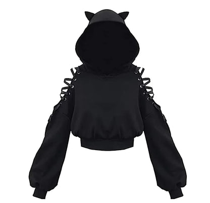Women's Clothes Solid Color Gothic Hoddies Women's Sweatshirt Hollow Out Long Sleeve Hodded Casual Pullover Summer Autumn Y2k