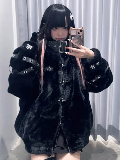 Lautaro Autumn Winter Thick Warm Faux Fur Coat Women with Hood Zipper Luxury Japanese Style Punk Harajuku Fluffy Jacket 2026