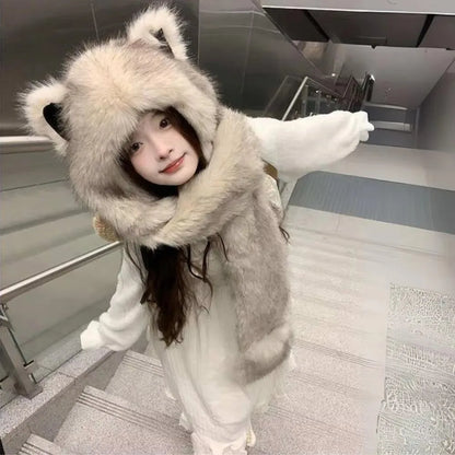 2025 New Women's Plush Fox Ear Bucket Hat Windproof Integrated Cap Scarf Trendy Cute Plush Neck Warm Hat Scarf Balaclava Hat