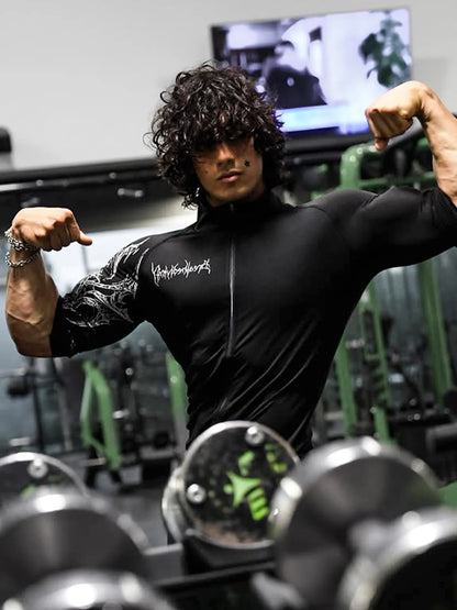 Dark Quick Drying Autumn And Winter Training Long Sleeved Men's Zipper Fitness Clothes, Sports Tight Fitting Clothes