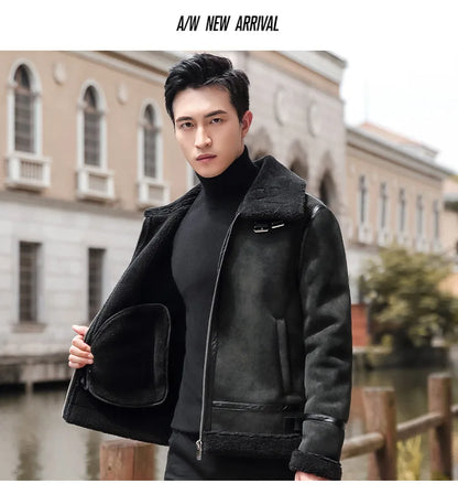 Fashion Solid Slim Korean Style Leather Coat Fleece Jacket Men Leather Jacket Winter Faux Fur Collar Windproof Warm Clothing