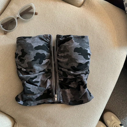 Sexy American Girl Camouflage Print Tube Top Vest Women's Summer Zipper Open Cardigan Shoulder Bared Short Style Top