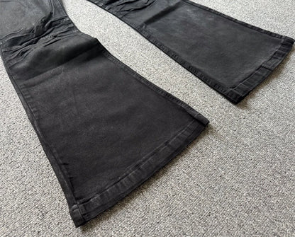American retro heavy industry men and women black gothic retro casual loose jeans High street coated micro-flare jeans