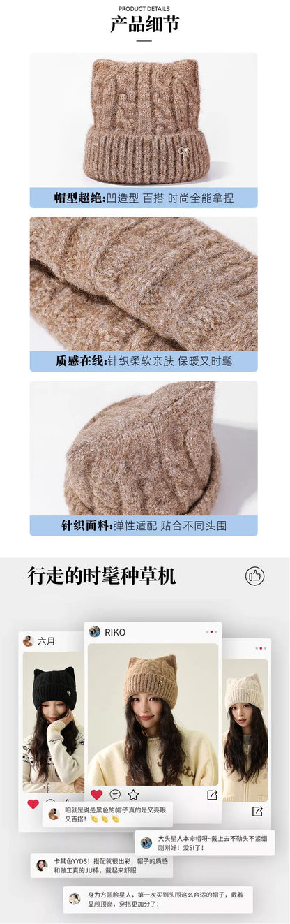 Cute Cartoon Cat's Ears Thickened Knit Hat women's Bow Wool Hat Ear Protection Warm Hat Bonnets Beanies 4m730