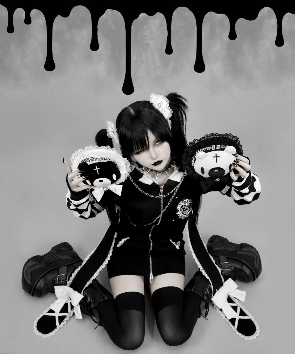 Japanese Harajuku Style Bow Sweet Cool Long-Ear Hooded Lace Trim Color-Block Zipper Long Cardigan Coat Gothic Hoodie Jacket