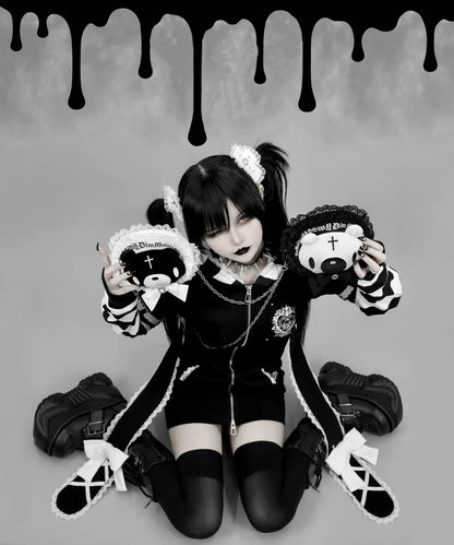 Japanese Harajuku Style Bow Sweet Cool Long-Ear Hooded Lace Trim Color-Block Zipper Long Cardigan Coat Gothic Hoodie Jacket