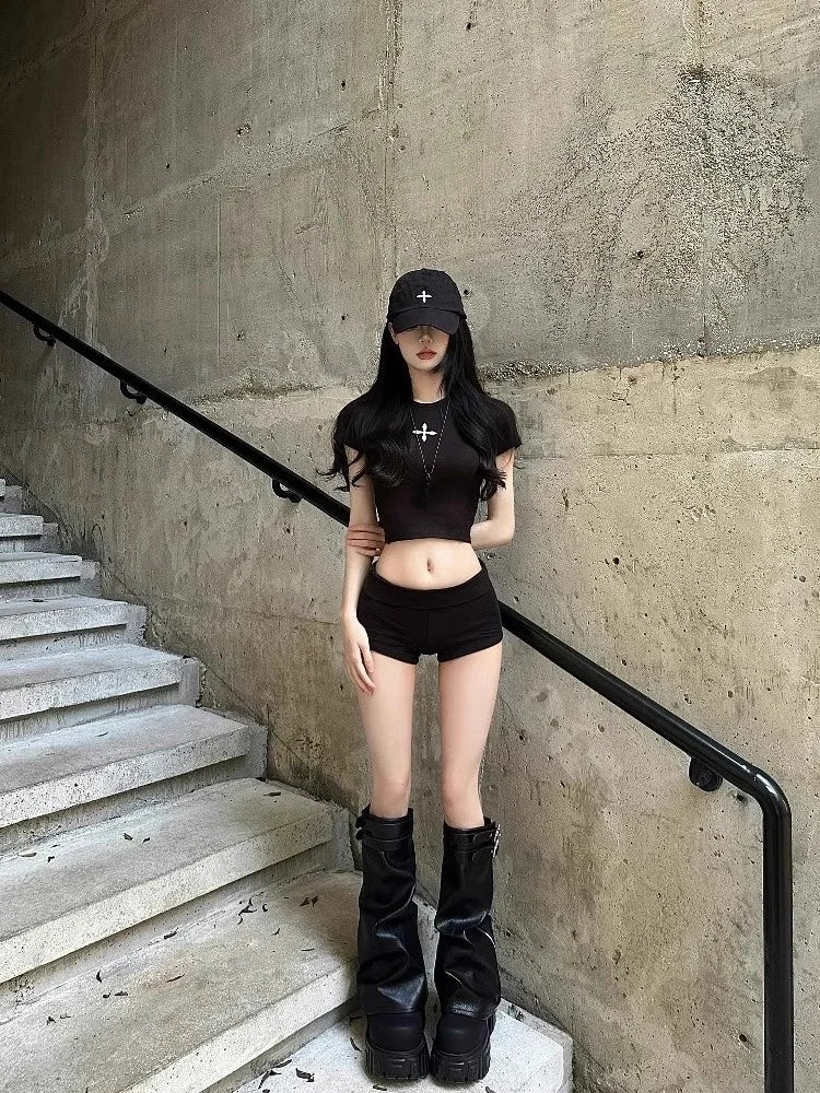 Spicy Short Sleeve Cotton T-Shirt Women's Summer Slim Fit Black Printed Top Korean Style Commute Fashion Belly Button Outfit
