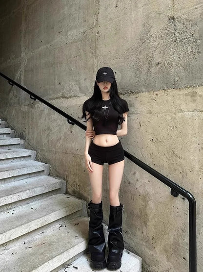Spicy Short Sleeve Cotton T-Shirt Women's Summer Slim Fit Black Printed Top Korean Style Commute Fashion Belly Button Outfit