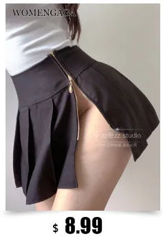 WOMENGAGA Preppy Style High Waist Slim Double Belt Slip Plaid Pleated Skirt Fashion Sexy Korean Women JK Skirts Sweet X8WN