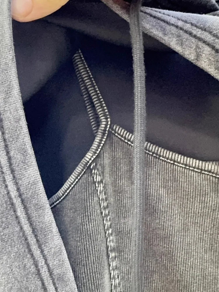 Fashion Vintage Long Sleeve Gray Hoodie Top for Women+ Y2k Slim Fit Camisole Vest 2026 Early Autumn New Two Piece Sets
