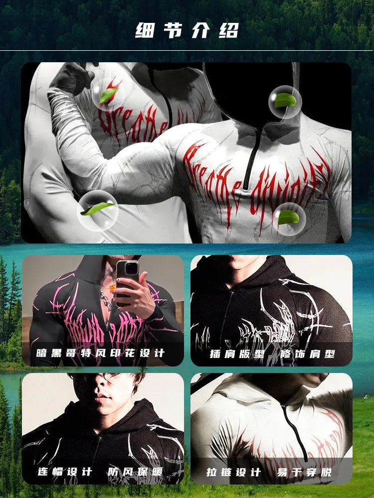 Apex Ritual – メンズ ブラック フード付き スポーツ コンプレッション長袖 – サブカルチャー ストリートウェア トレーニングトップ