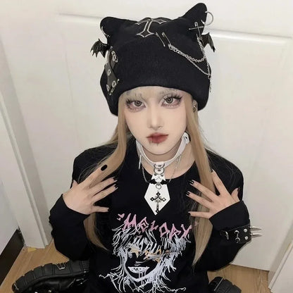 Gothic Grunge Cat Ear Bat Wing Black Beanie Hat Harajuku Punk Cross Chain Knitted Hat Women Winter Warm Chic Streetwear