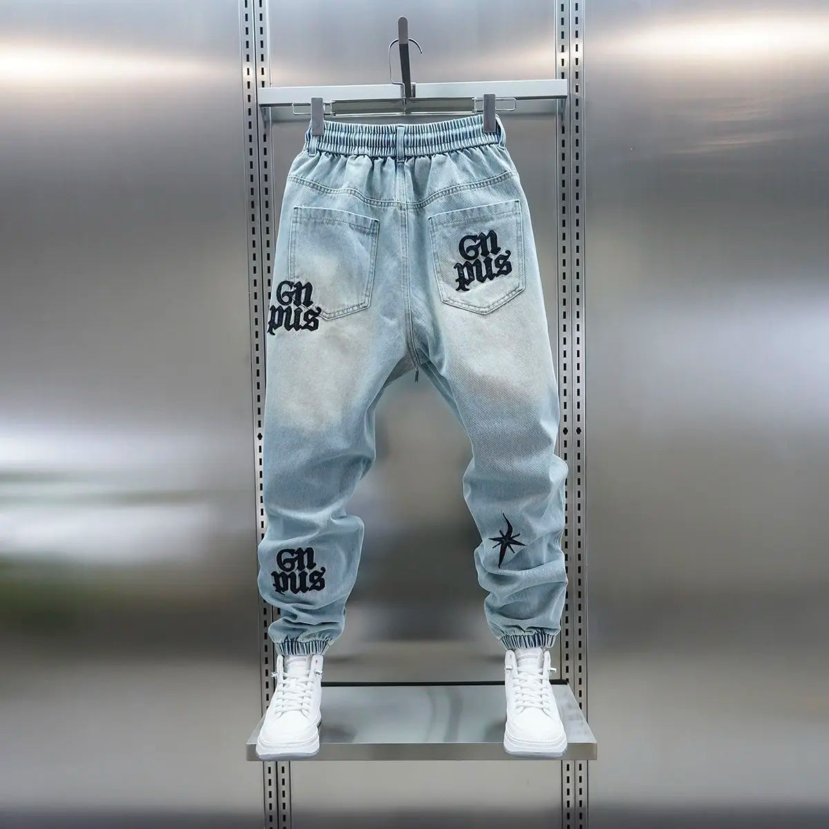 American high-street letter embroidered washed denim jeans fashion loose-fitting jogger harem pants slim-fit casual pants
