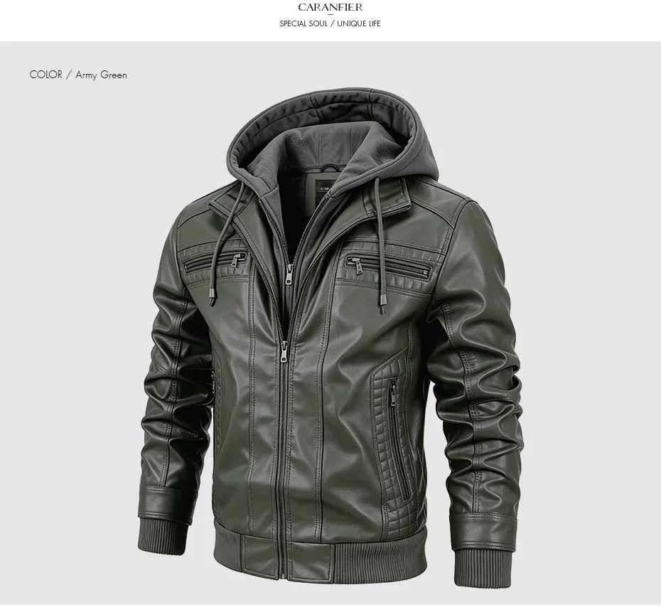 CARANFIER Men PU Leather Jacket Male Moto Biker Hooded Luxury Coats Clothing Faux Vintage Outerwear Chaqueta Hombre Dropshipping