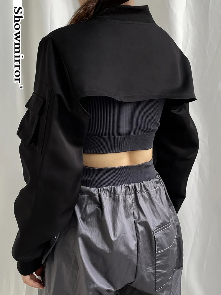 Showmirror Super-short Black Jacket Zipper Long Sleeve Harajuku Cropped Tshirt Gothic Techwear Fashion Korean Tee Punk Street