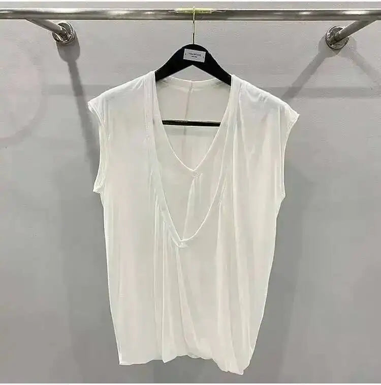 HKSH Summer Spring New Men's Tide Dark Sexy Double Layered V-neck Solid Sleeveless Tees Fashion Knit Tank Tops Chic Vest HK1399