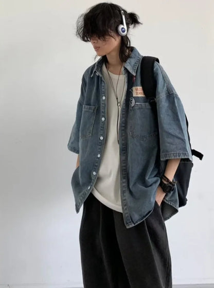 Harajuku Tooling Mens Sets 2024 Summer American Street Retro Denim Suit Hip Hop Printed Cowboy Shirt+Wide Leg Jeans 2-pcs New