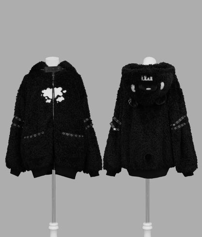 Japanese Gothic Hooded Plush Coat New Autumn Winter Subculture Cool Girl Women's Punk Rivet Lamb Wool Hoodie Jacket Zipper Coat