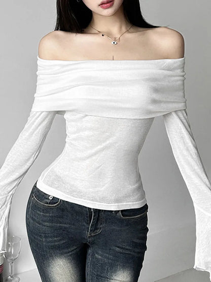 Y2k Aesthetic Simple Fashion Women's Tee Shirts Slash Neck Long Sleeve Solid Casual T-Shirts Vintage Off Shoulder Trendy Tshirts