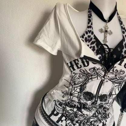Women's Subculture Skull Print Fake Two-Piece T-Shirt Summer Gothic Slim Fit Halter Tops Y2K Harajuku Grunge Punk Fashion Tees