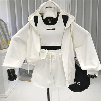 Shorts Three 3 Piece Sets Women Casual Vest Drawstring Short Hooded Zipper Jacket Sportswear Suits Y2k Streetwear Sports Hoodies