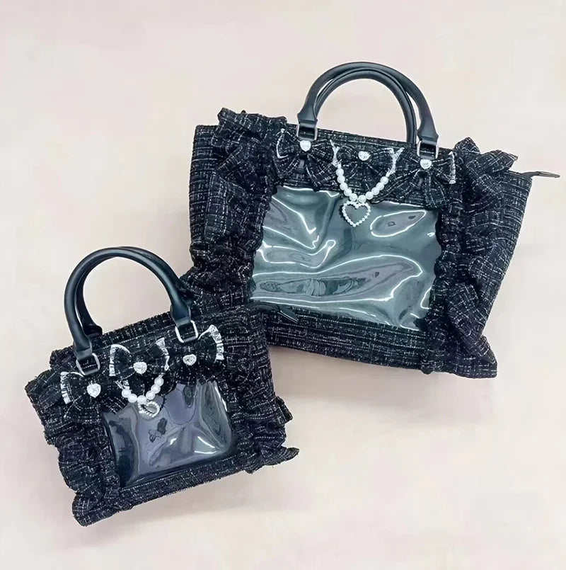 Japanese Style Mine Bags Women Ruffled Lace Lolita Girls Rhienstone Pearl Bowknot Square Tote Shoulder Portable Bolso Handbags
