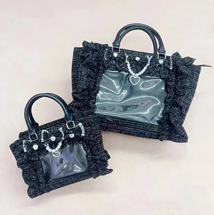 Japanese Style Mine Bags Women Ruffled Lace Lolita Girls Rhienstone Pearl Bowknot Square Tote Shoulder Portable Bolso Handbags