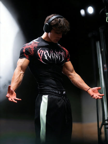 Men'S Athletic Fitness T-Shirt, Summer Quick-Dry Compression Shirt, Stylish Gothic Print Men'S Sports Top