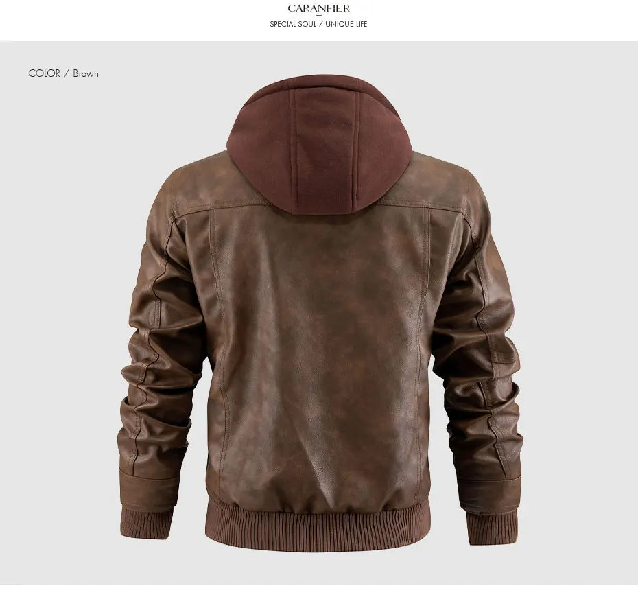 CARANFIER Men PU Leather Jacket Male Moto Biker Hooded Luxury Coats Clothing Faux Vintage Outerwear Chaqueta Hombre Dropshipping