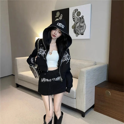 Dark Style Short Letter Sweatshirt And  Skirt Set for Women Trendy Streetwear Autumn Collection Long Sleeve Casual Sports...
