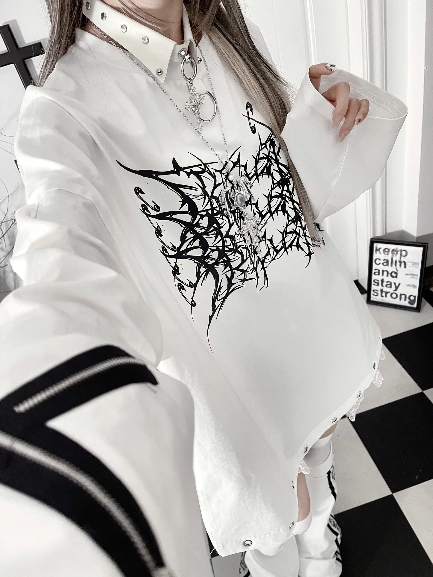 Original Print Subculture Dark Loose Long Sleeve Pure Cotton T-Shirt Japanese Punk Gothic Long Sleeve Round Neck Cool Girl Top