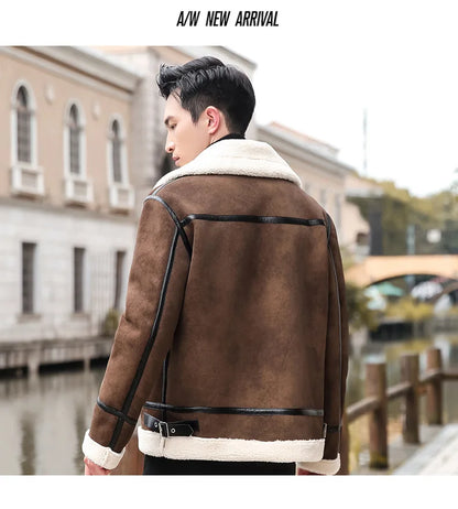 Fashion Solid Slim Korean Style Leather Coat Fleece Jacket Men Leather Jacket Winter Faux Fur Collar Windproof Warm Clothing