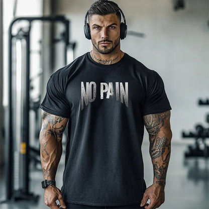 T-shirt Gym Short Sleeve O-neck No-Pain No Gain Fitness Washed Acid Tops Outfits High Quality Men's Clothes 2025 Oversized