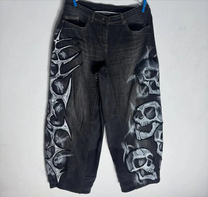 Ripped Baggy Jeans Cotton Patch Dyed Skull Pattern Y2k Mens Jeans Goth Punk Wide Leg Casual Pants Hip Hop Trousers Men Clothing
