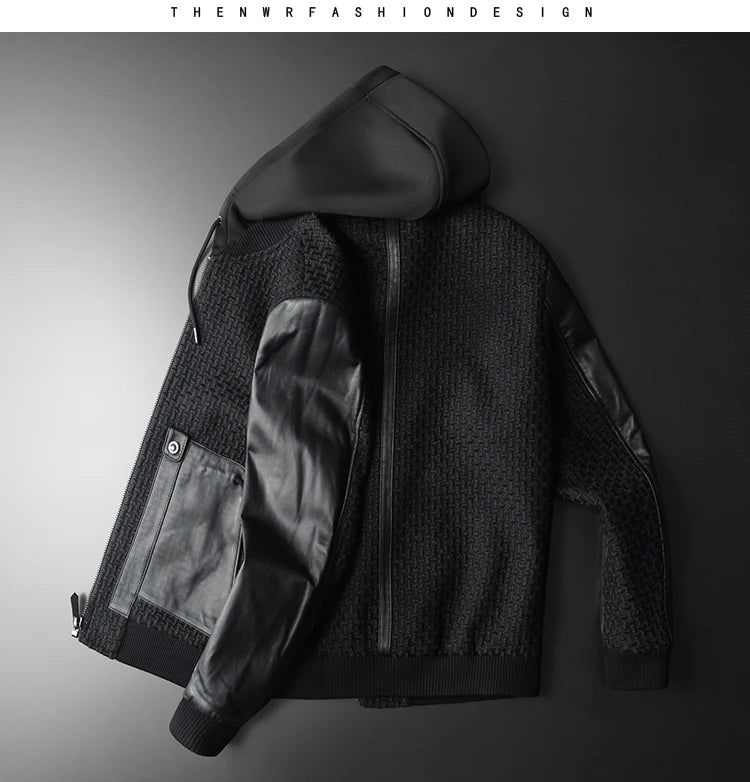 Minglu Autumn Winter Goatskin Men's Jackets High Quality Solid Color Hooded Genune Leather Male Coats Zipper Casual Man Overcoat