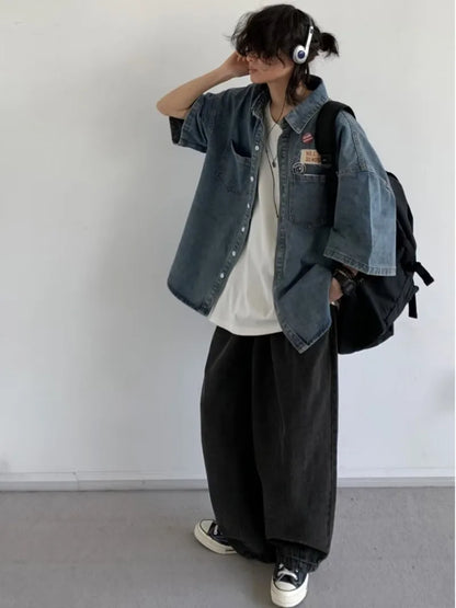 Harajuku Tooling Mens Sets 2024 Summer American Street Retro Denim Suit Hip Hop Printed Cowboy Shirt+Wide Leg Jeans 2-pcs New