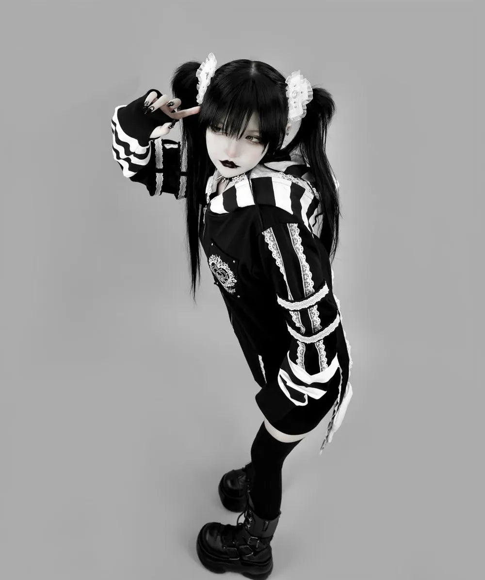 Japanese Harajuku Style Bow Sweet Cool Long-Ear Hooded Lace Trim Color-Block Zipper Long Cardigan Coat Gothic Hoodie Jacket