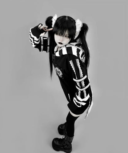 Japanese Harajuku Style Bow Sweet Cool Long-Ear Hooded Lace Trim Color-Block Zipper Long Cardigan Coat Gothic Hoodie Jacket