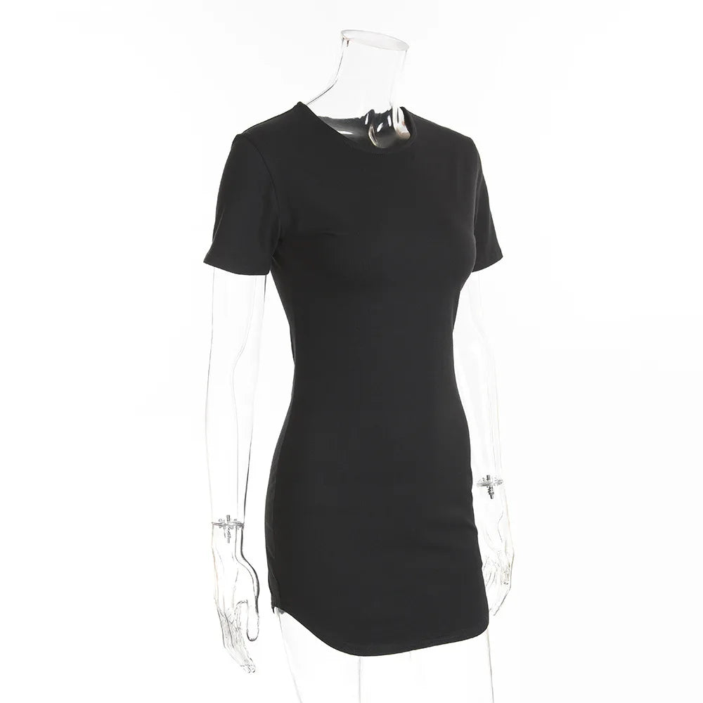 Summer Women Short Sleeve Dresses Ladies Solid Color O-Neck Bodycon Stretch Slim Mini Dress Vestido