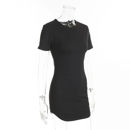 Summer Women Short Sleeve Dresses Ladies Solid Color O-Neck Bodycon Stretch Slim Mini Dress Vestido